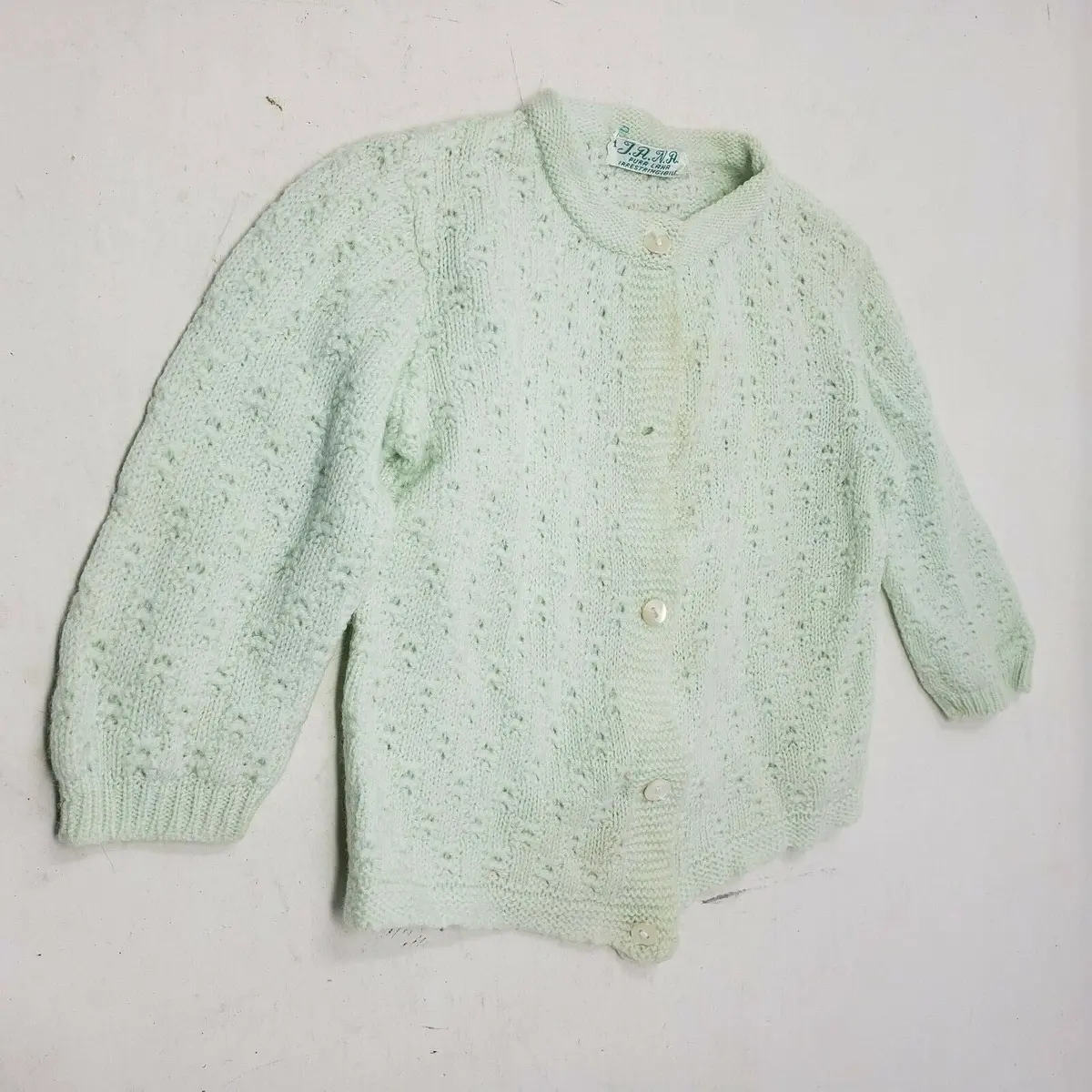 Vintage Jana Pura Lana Green Crochet Knit Cardigan Sweater Baby Girls Boys 3M 1 1