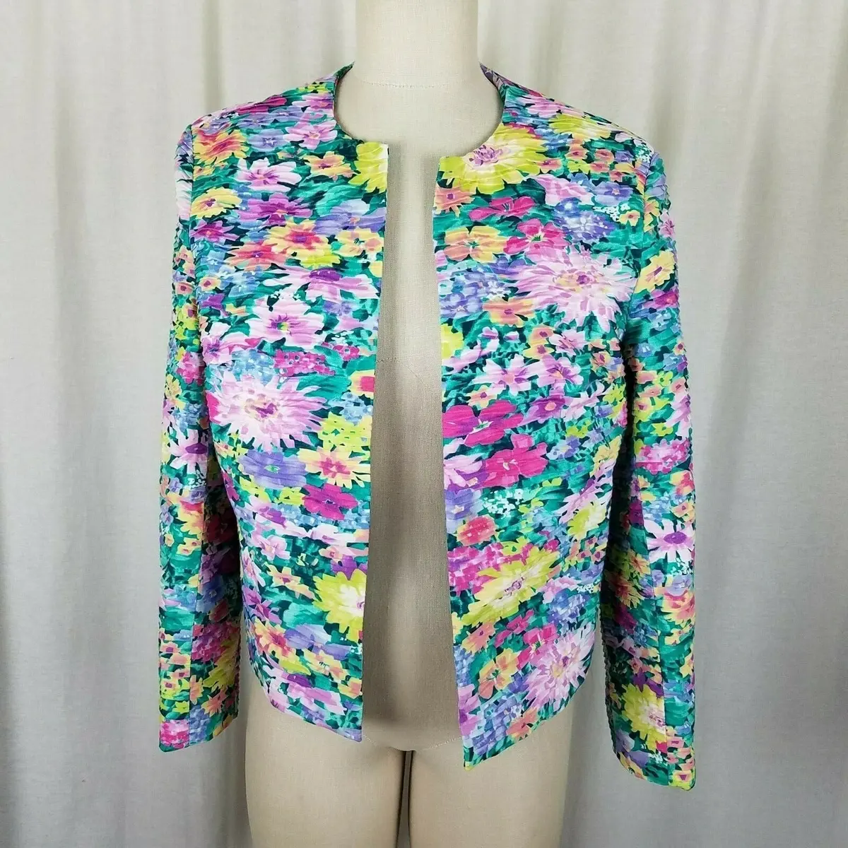 Margaret Smith Ruched Floral Designer Boutique Open Front Jacket Blazer Women 8 1