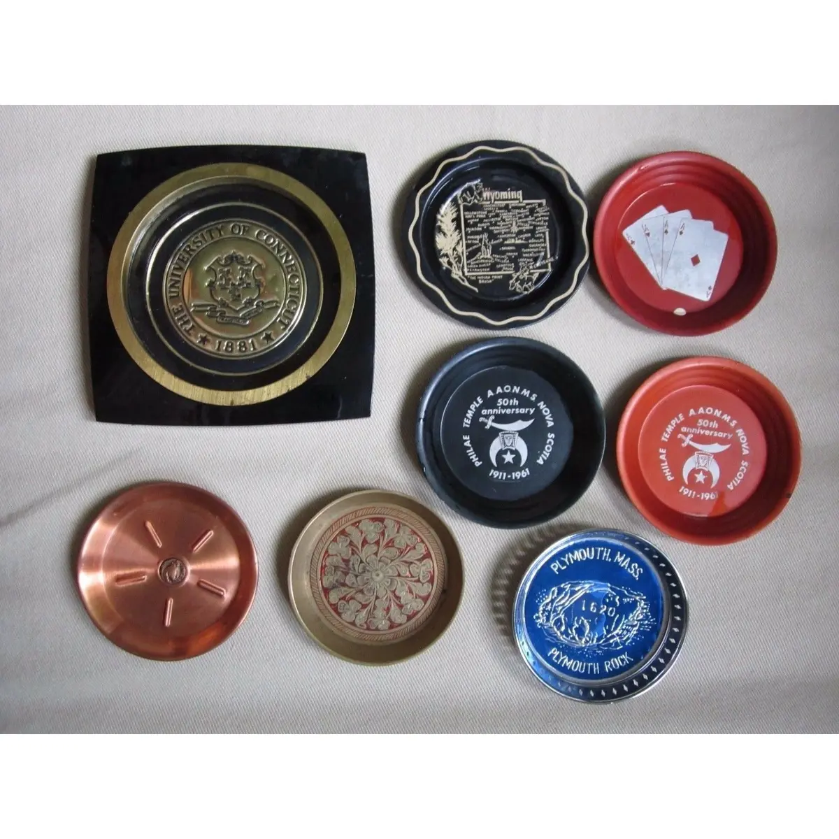 8 Vintage Mid Century Souvenir Advertising Tin Metal Drink Bar Coasters Set Lot 1