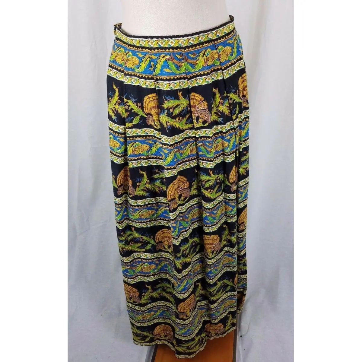 Vintage Asian Inspired Koi Fish Print Pleated Long Maxi Skirt Womens S Jupe-Fix 1