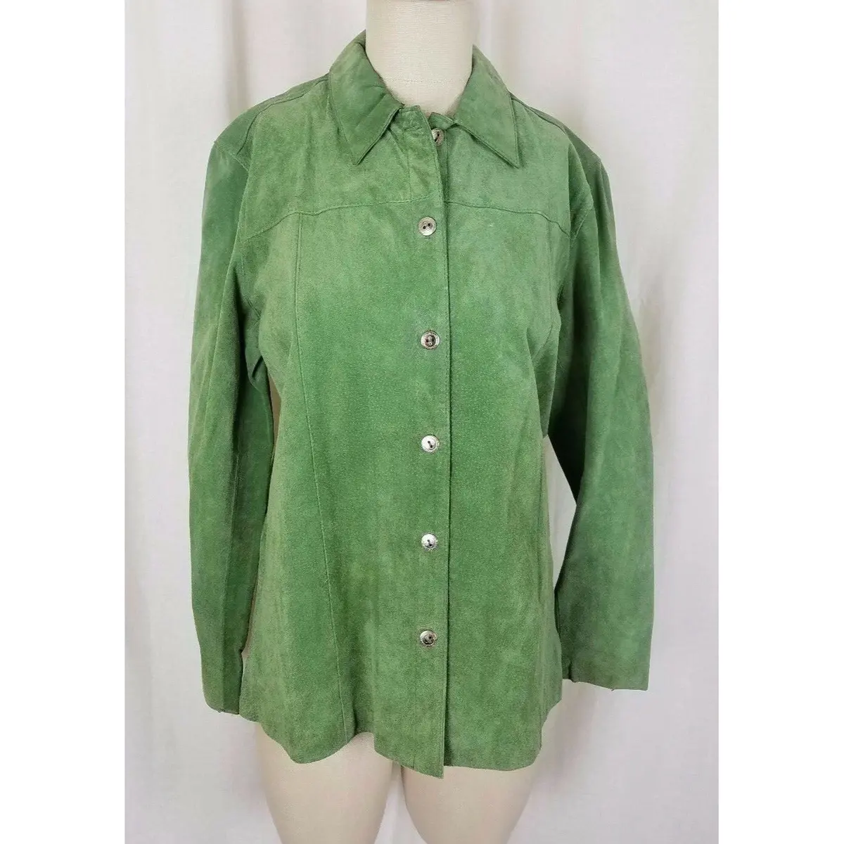 Jm Collection Green Leather Suede Full Button Up Shirt Jacket Womens M Celery 1