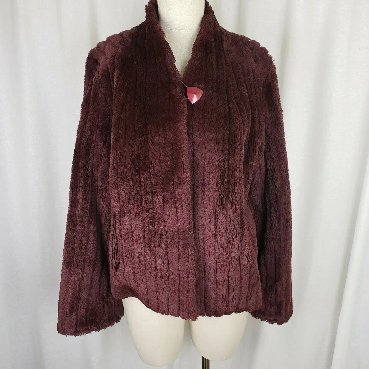 Vintage Vegan Faux Fur Plush Ribbed Wrap Open Front Swing Jacket Womens L Wine 1