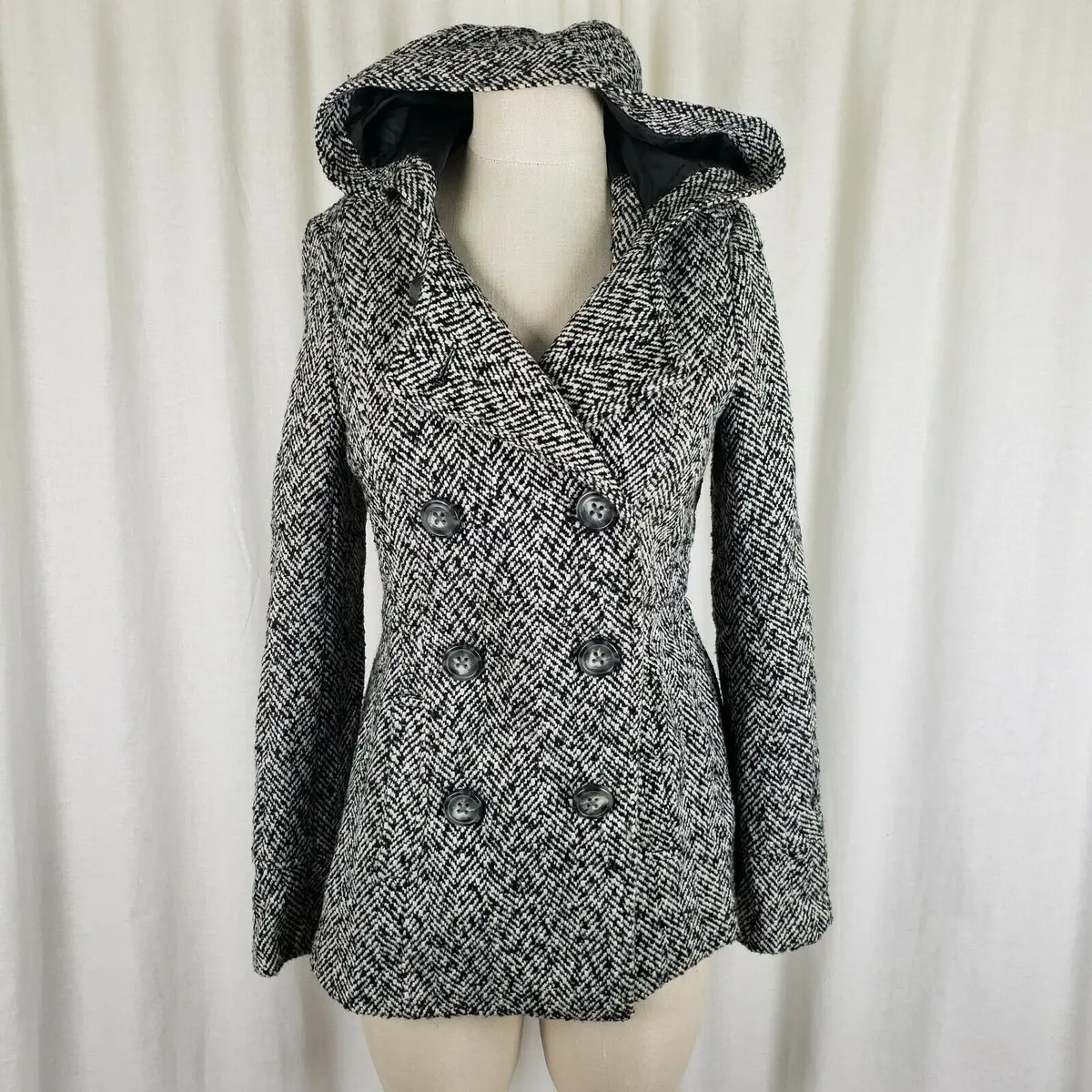 Aeropostale Hooded Wool Herringbone Fit & Flare Double Breasted Peacoat Womens M 1