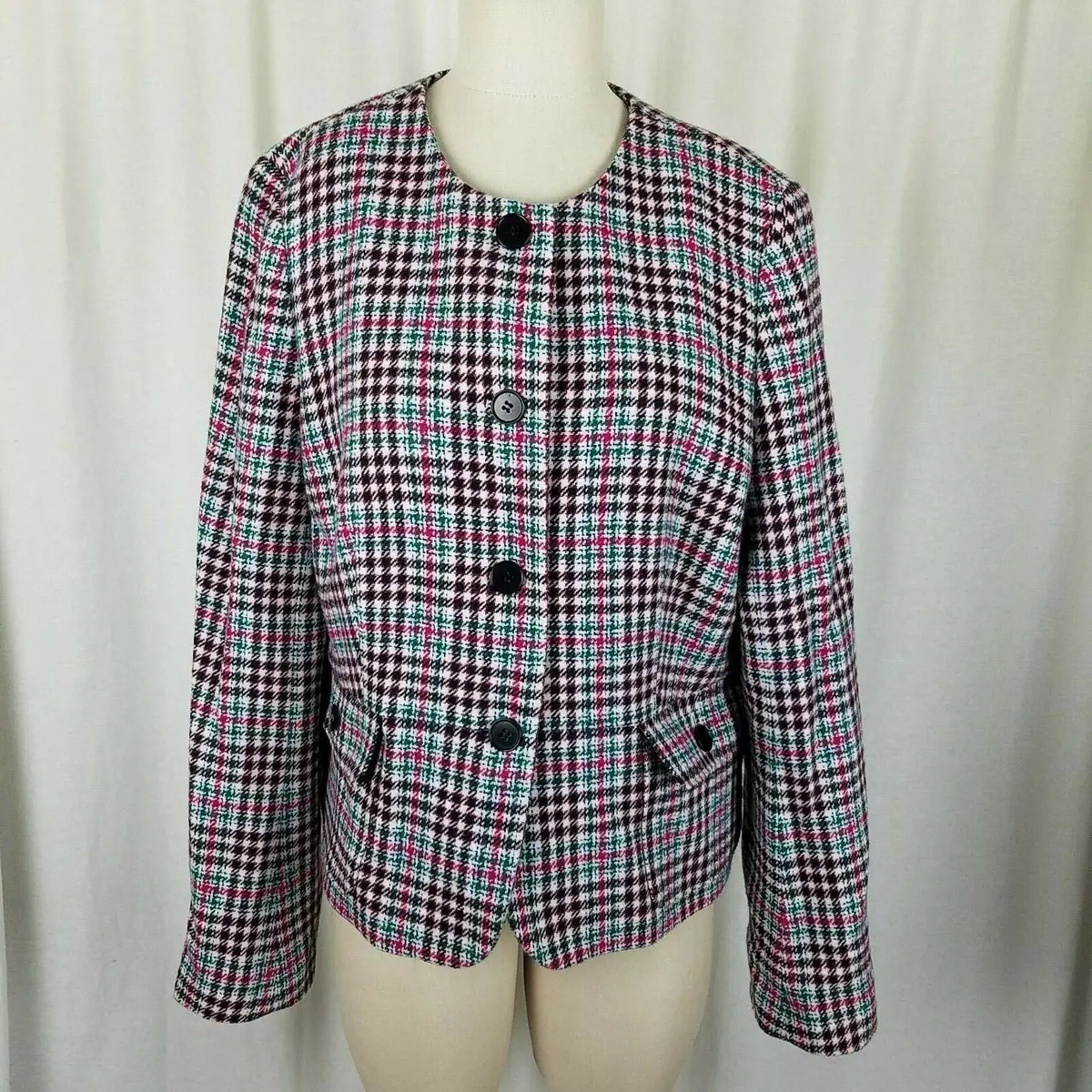 Talbots Houndstooth Plaid Wool Collarless Blazer Jacket Womens 16 Flap Pockets 1