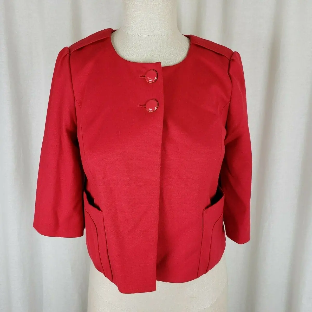 Ann Taylor Loft Petites Red Cropped Swing Jacket Womens 2P Collarless 3/4 Sleeve 1