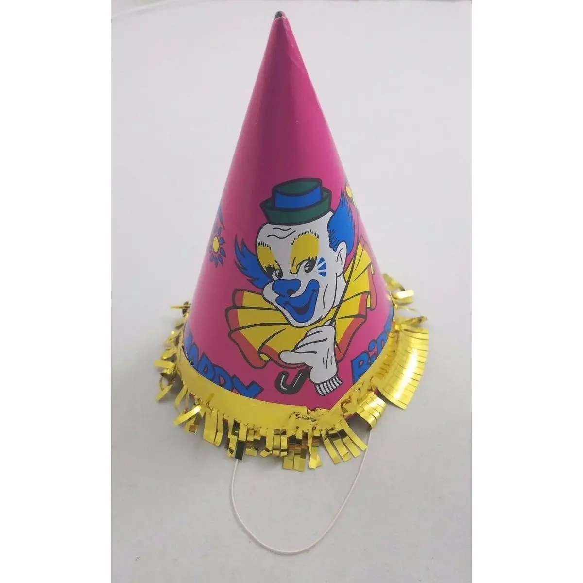 Vintage Circus Clown Happy Birthday Party Paper Cone Hat Pink Bozo Gold Fringe 1