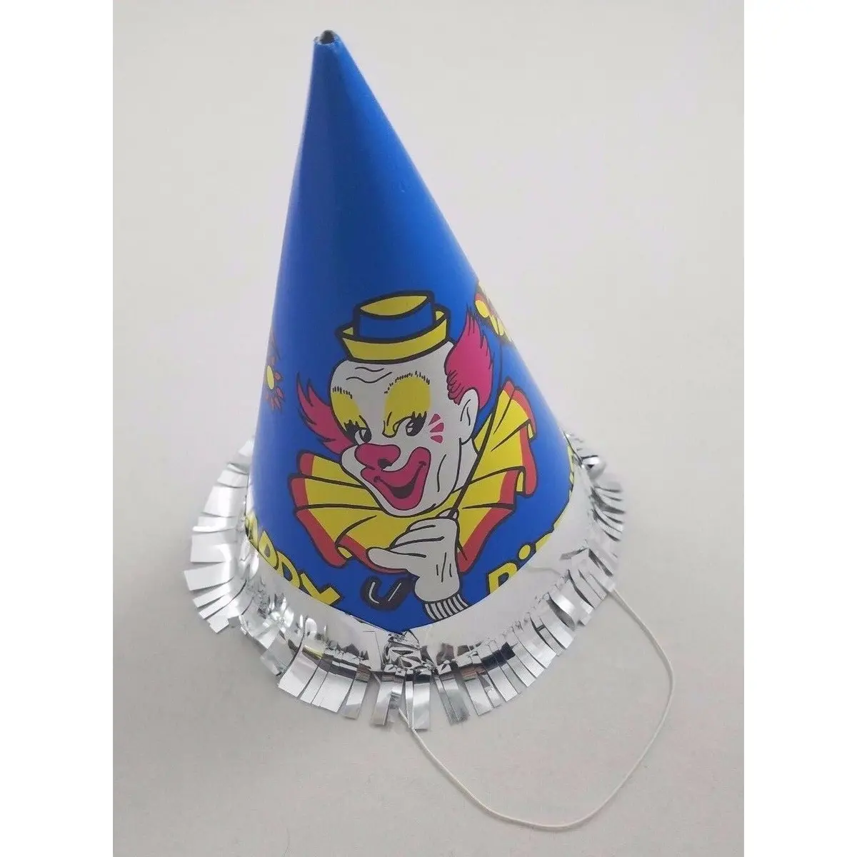 Vintage Circus Clown Happy Birthday Party Paper Cone Hat Blue Bozo Silver Fringe 1