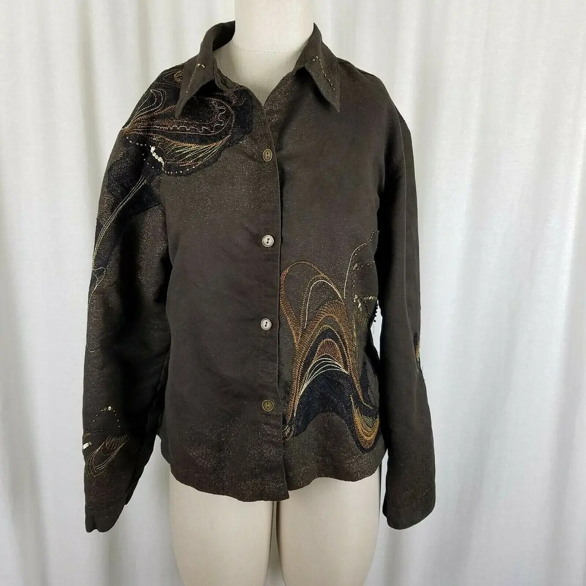 Chicos Embroidered Embellished Button Up Shirt Jacket Womens 2 L Art To Wear 1