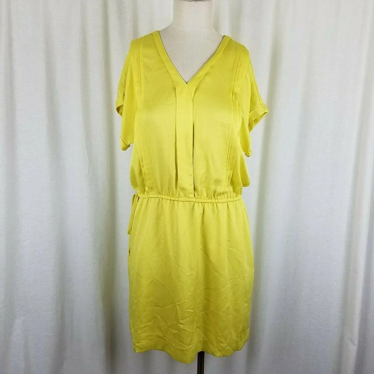 Banana Republic Chartreuse Yellow Pintuck Blouson Vneck Dress Womens M 2017 1