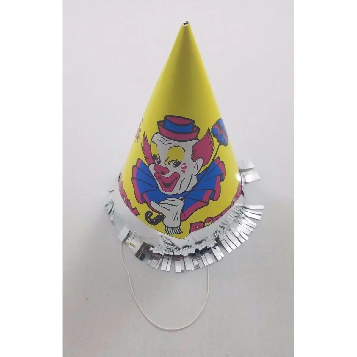 Vintage Circus Clown Happy Birthday Party Paper Cone Hat Yellow Bozo Fringe 1
