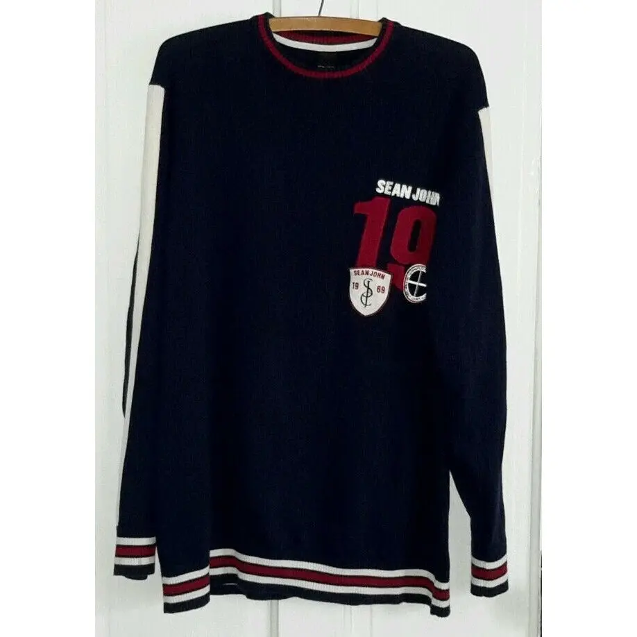 Vintage Sean John Signature Crest Logo Patch Crew Neck 100% Cotton Sweater L Red 1
