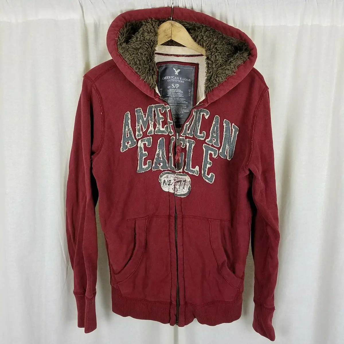 American Eagle Full Zip Up Waffle Lined Fur Trim Hoodie Sweatshirt Jacket Mens S 1