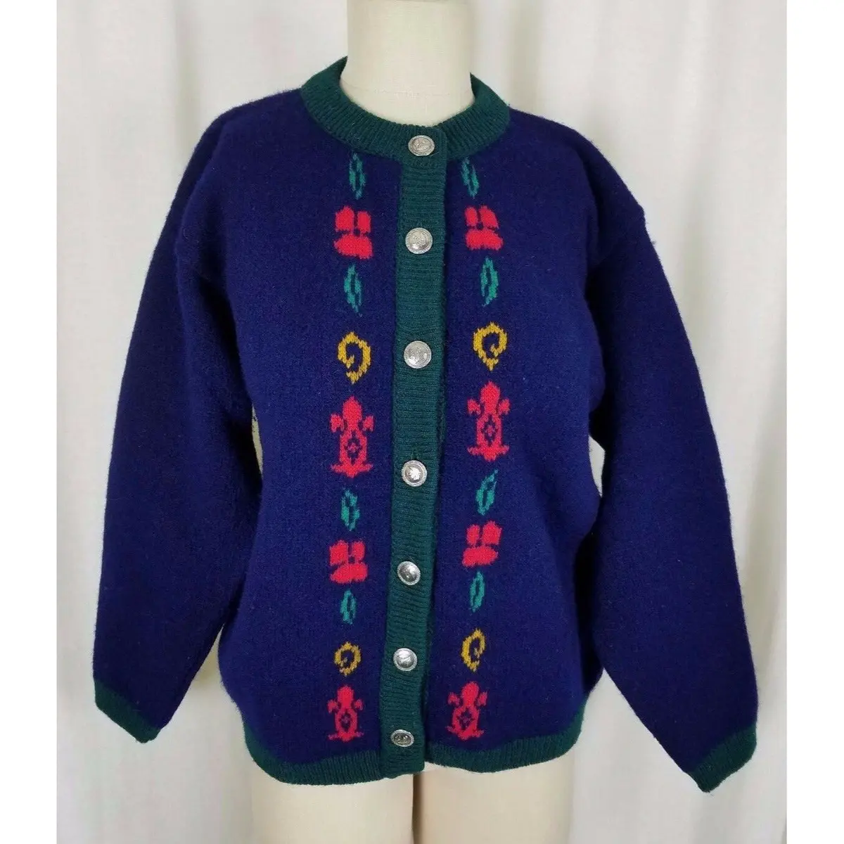 Pitlochry Scotland Wool Knit Floral Pewter Buttons Cardigan Sweater Womens M L 1