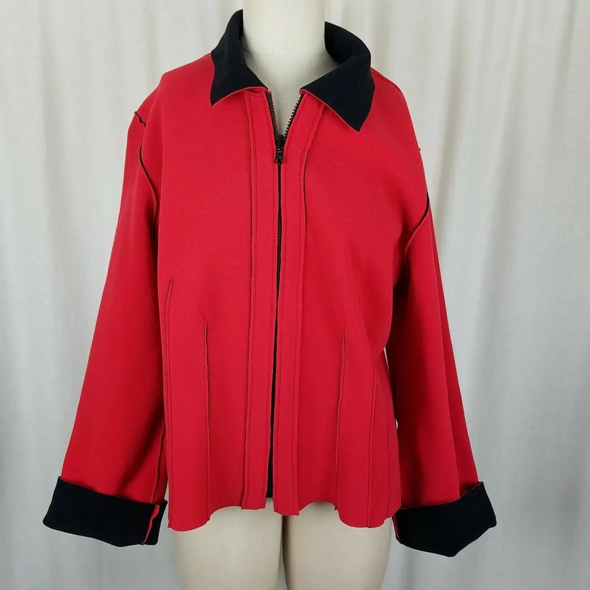 Maralyce Ferree Boutique Fleece Zip Pleated Jacket Womens L Maine Usa Red Black 1