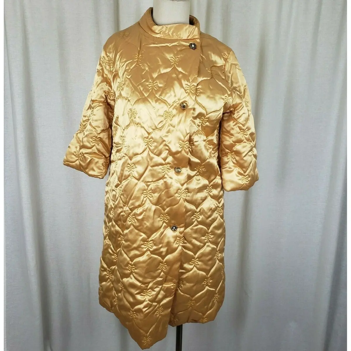 Vintage Quilted Off Center Button Up Quilted Asian Satin Midi Robe Coat Womens S 1