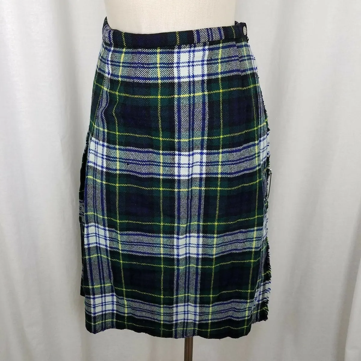 Vintage Wool Tartan Scotch Plaid Kilt Wrap Skirt Womens S Green Blue Safety Pin 1