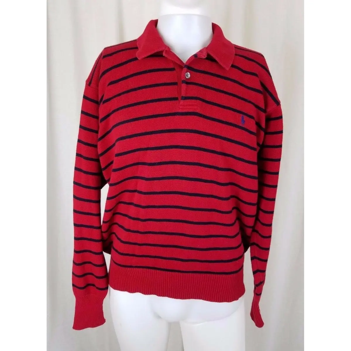 Polo Ralph Lauren Striped Knit Collared Henley Polo Pullover Sweater Red Mens L 1