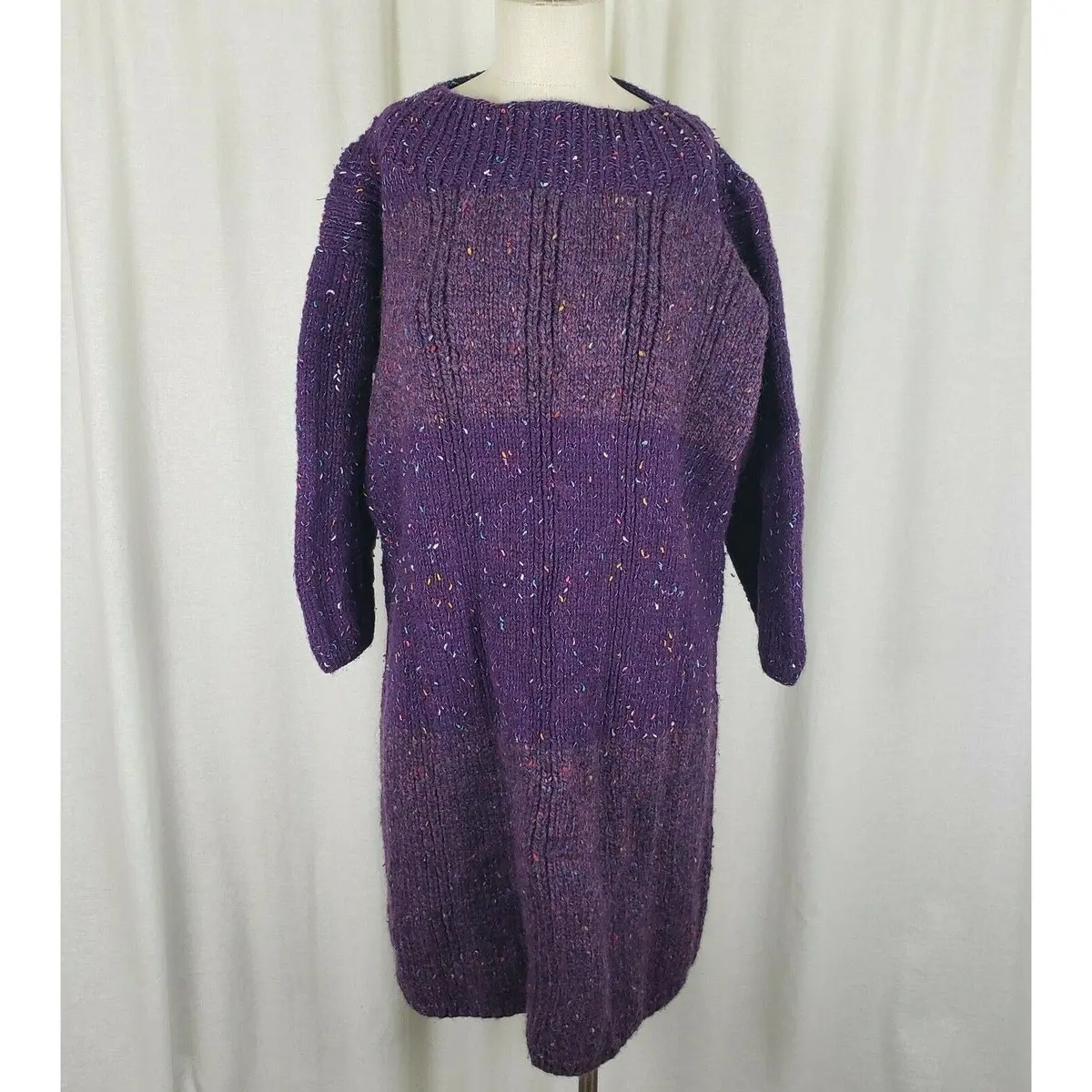 Vintage Handmade Chunky Knit Flecked Striped Sweater Sack Dress Women L Purple 1