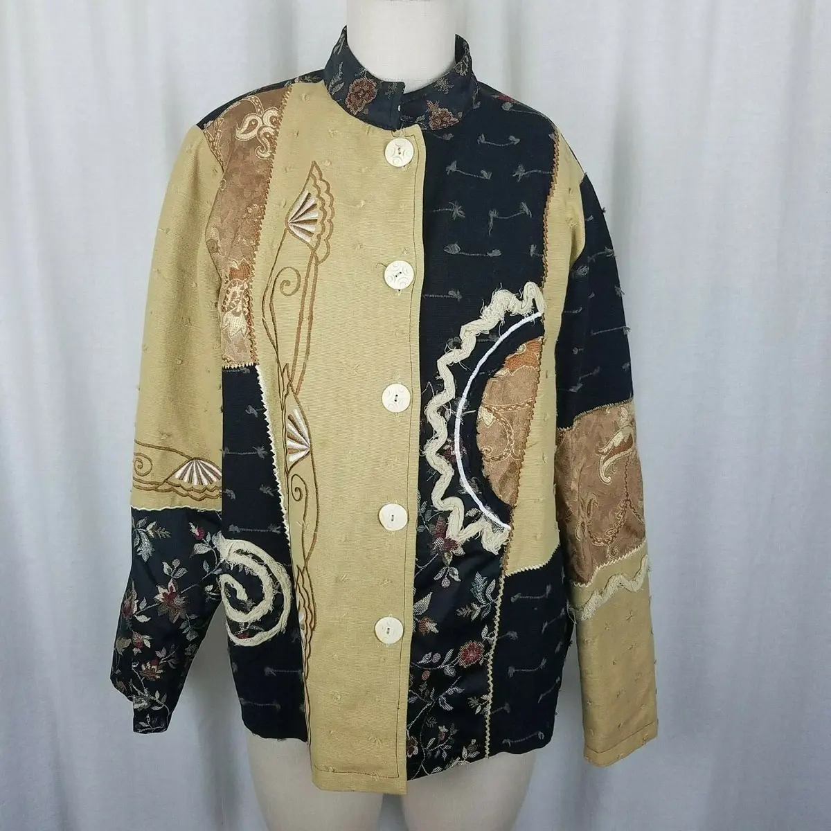 Indigo Moon Artsy Linen Abstract Patchwork Jacket Blazer Womens M Art To Wear 1