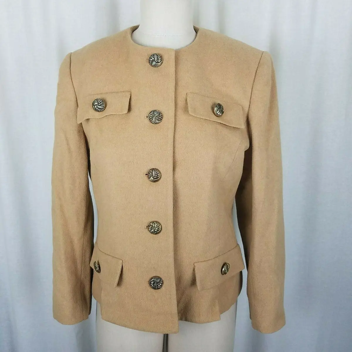 Herbert Grossman By Cynthia Sobel Camel 100% Wool Cropped Jacket Blazer Womens 8 1