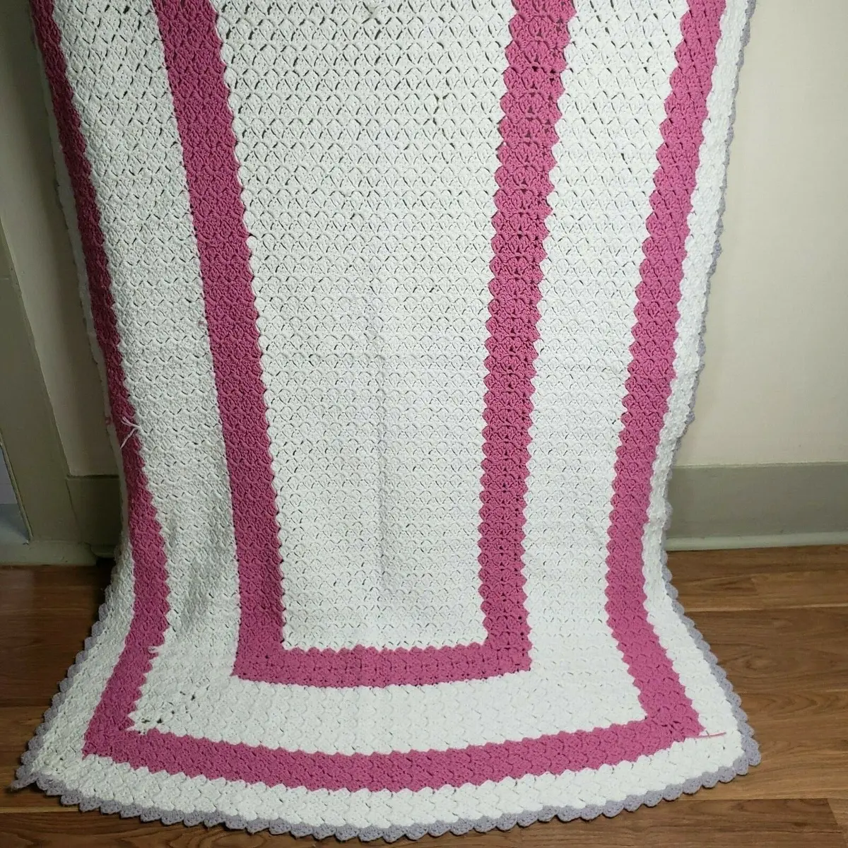Vintage Crochet Rectangle Borders Afghan Grandma Blanket Handmade 50X78 Twin 1