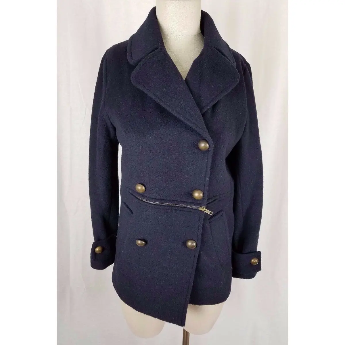 Jeong Gam Double Breasted Winter Wool Navy Peacoat Coat Womens Xs S Slim Cut 1