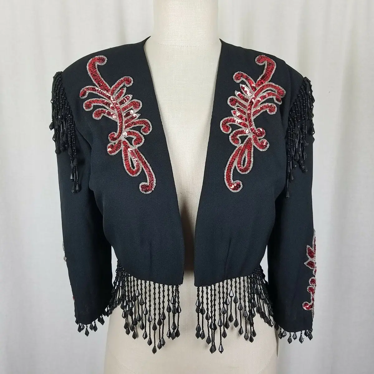Alex Evenings Beaded Avant Garde Fringe Glam Rock Jacket Cropped Bolero Womens S 1
