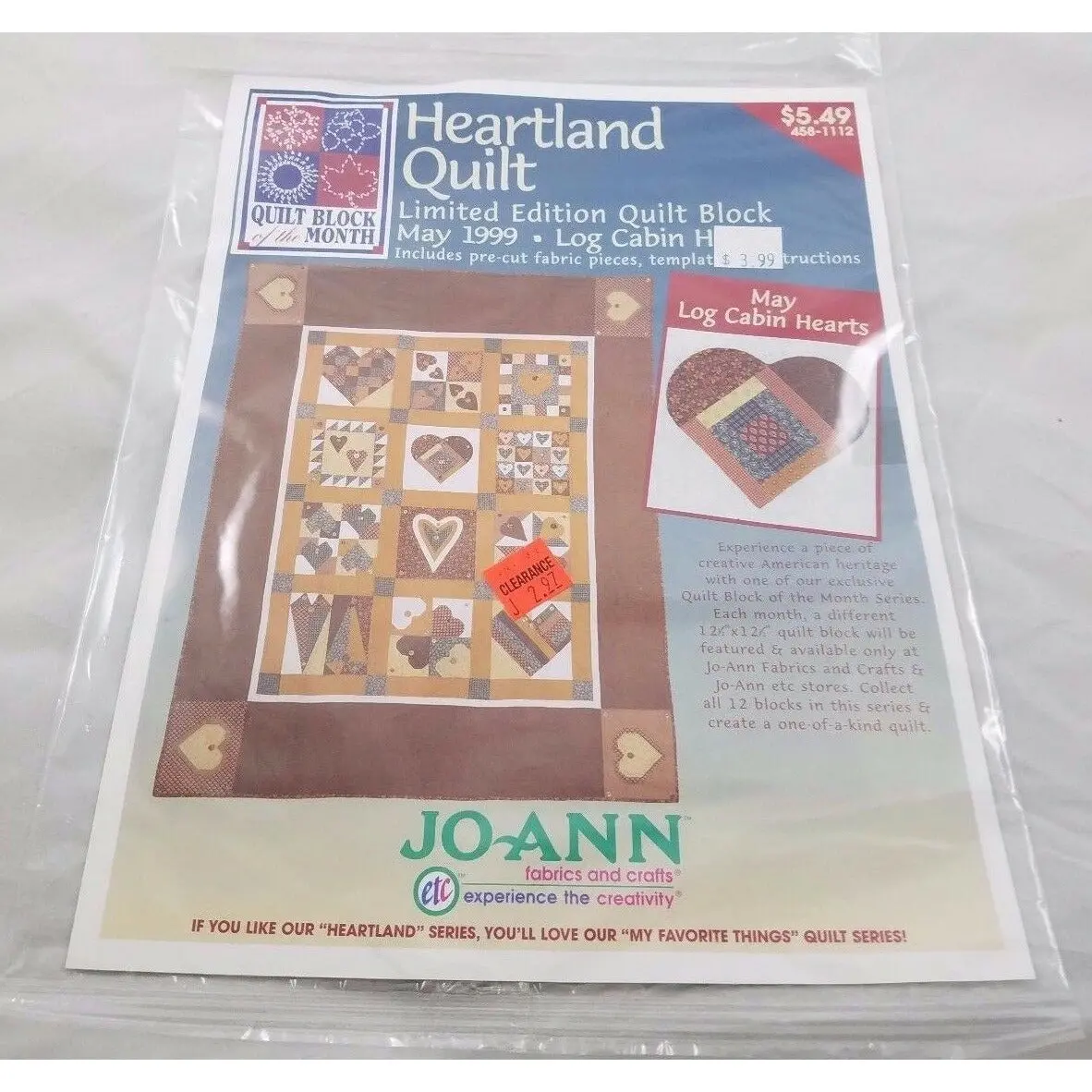 Joann Heartland Quilt Block May 1999 Log Cabin Hearts Vintage Sealed Limited Ed 1