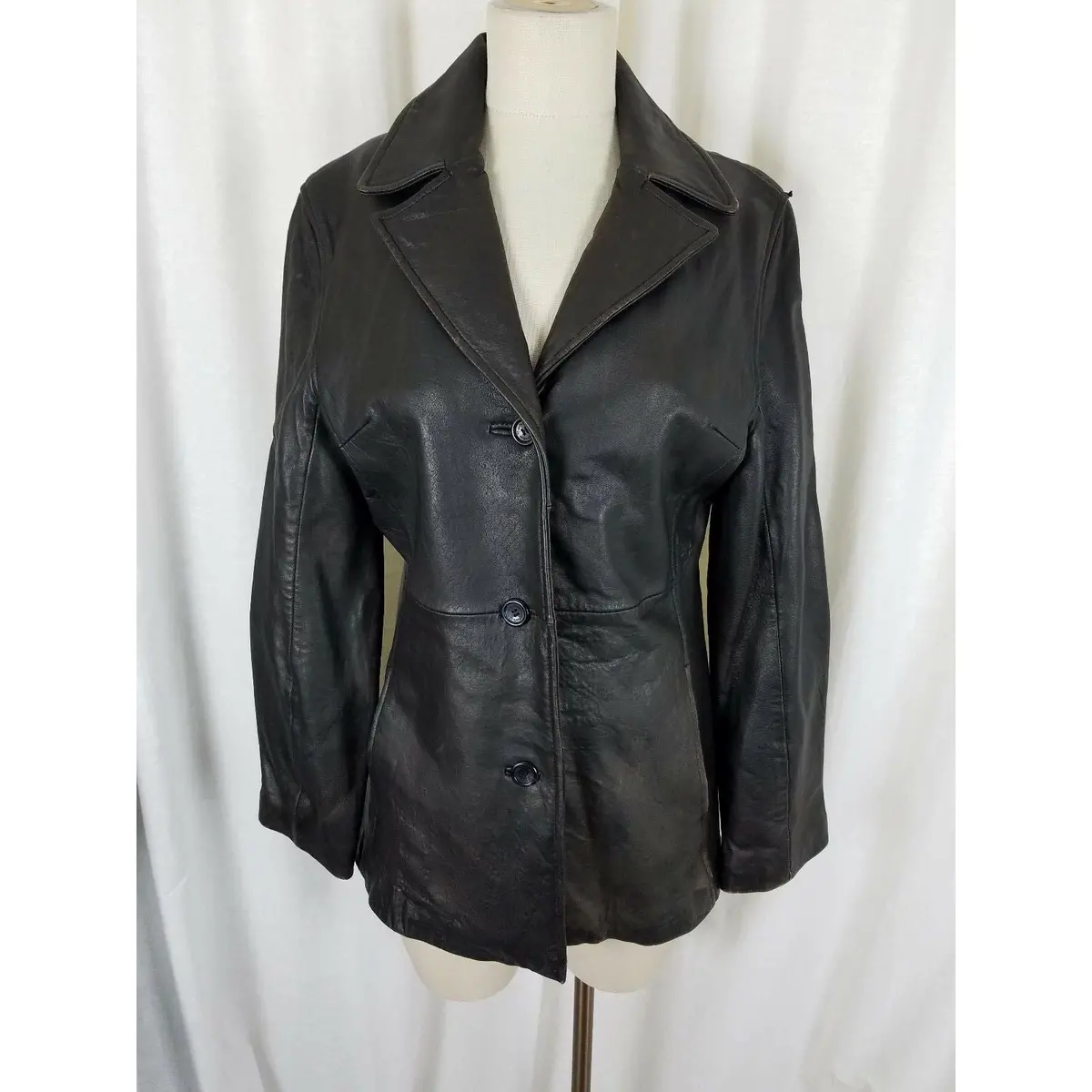 Marc New York Distressed Black Leather Jacket Womens M Fitted Tailored Button Up 1