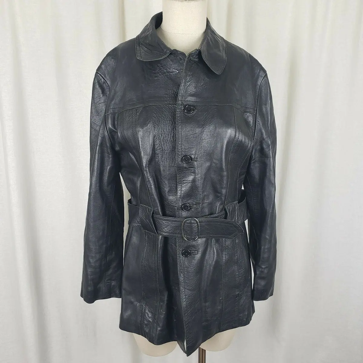 Vintage Paul Blanche Skins Belted Black Leather Jacket Blazer Look Coat Mens 1
