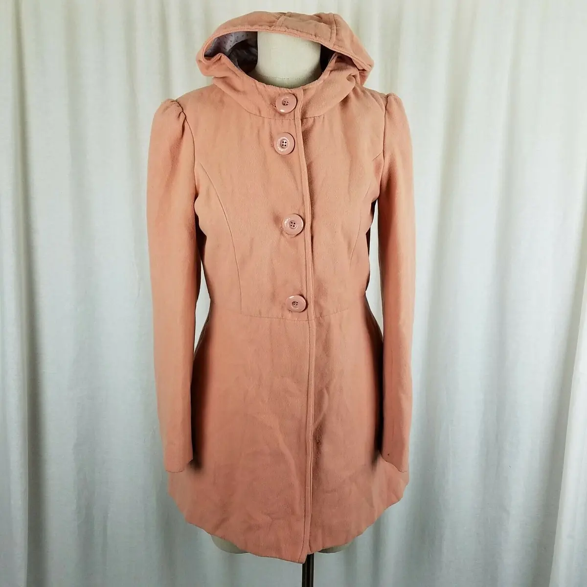 Sybilla Vegan Wool Hooded Skater Fit & Flare Puff Sleeves Coat Peacoat Womens M 1