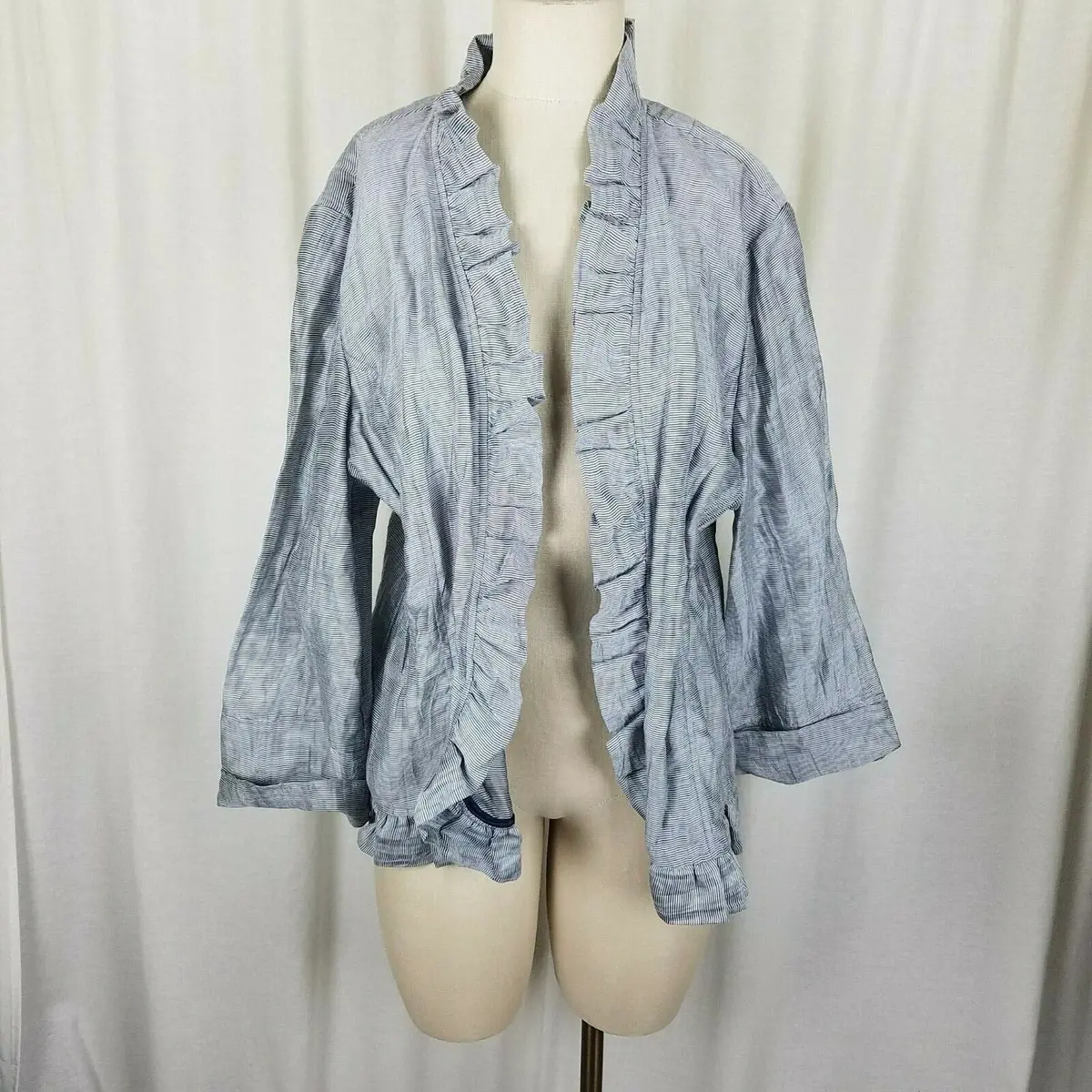 Chicos Ruffles Open Front Swing Wrap Jacket Womens 3 Xl Horizontal Pinstriped 1