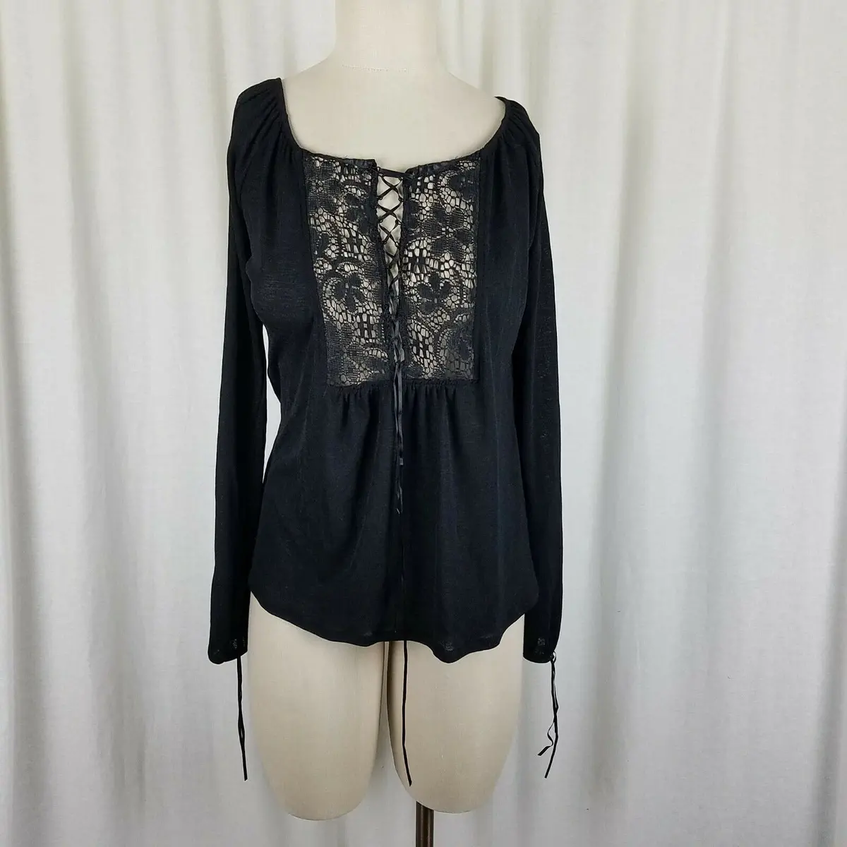 Express Lace Up Sheer Lace Front Long Sleeve Tie Cuffs Tunic Top Blouse Womens S 1