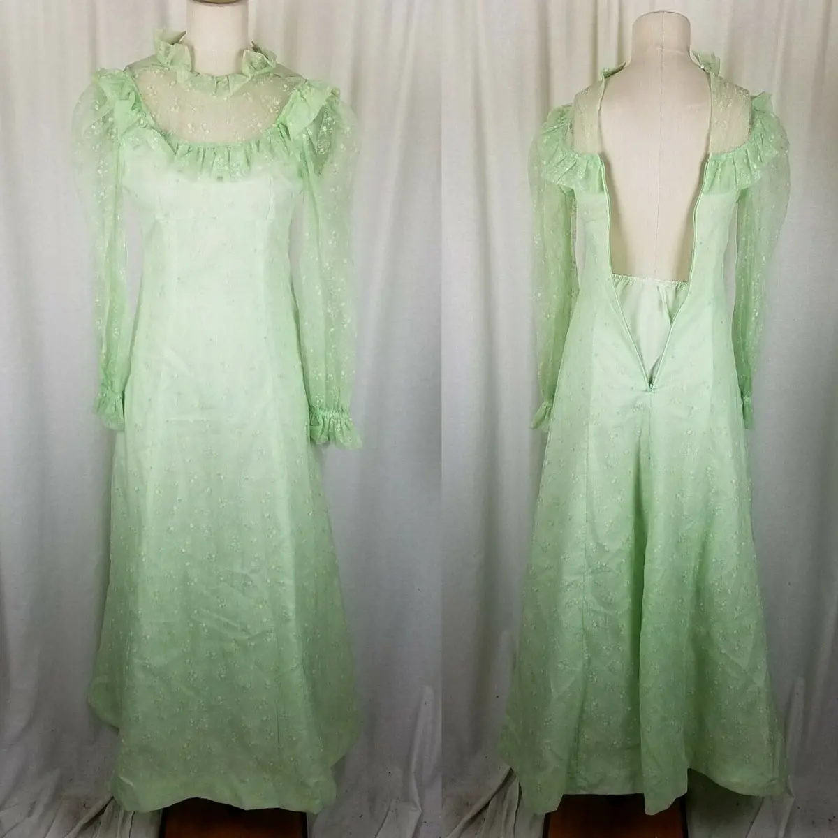 Vintage Flocked Overlay Prairie Dress Flowers Maxi Long Floral Sheer Womens Xs 1