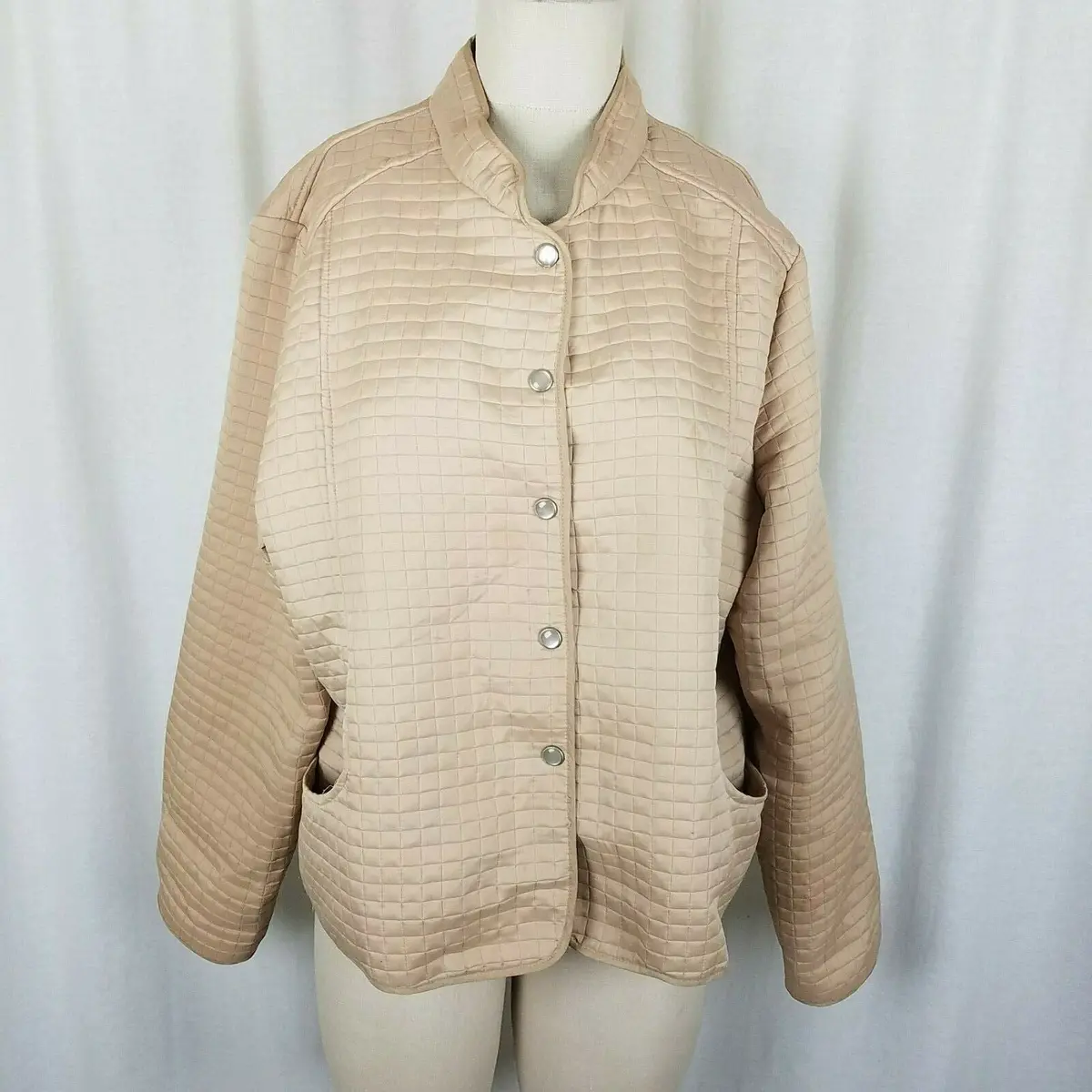 Robert Louis Nylon Quilted Snap Up Jacket Blazer Womens L Tan Mandarin Collar 1