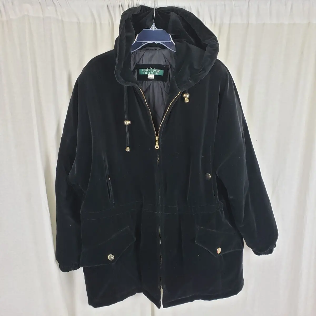 Vintage Larry Levine Black Velvet Hooded Short Coat Long Jacket Womens L Cinch 1