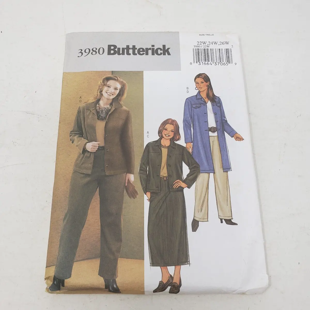 Butterick 3980 Coat Jacket Skirt Pants Suit Sewing Patterns Womens 22W-24W-26W 1