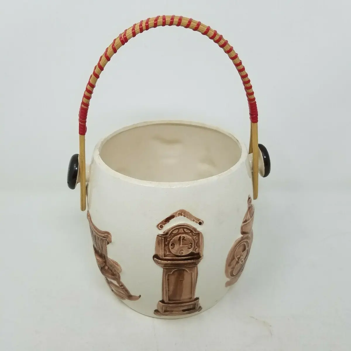 Vintage Colonial 3D Wood Handled Porcelain Ceramic Bucket Planter Raised Print 1