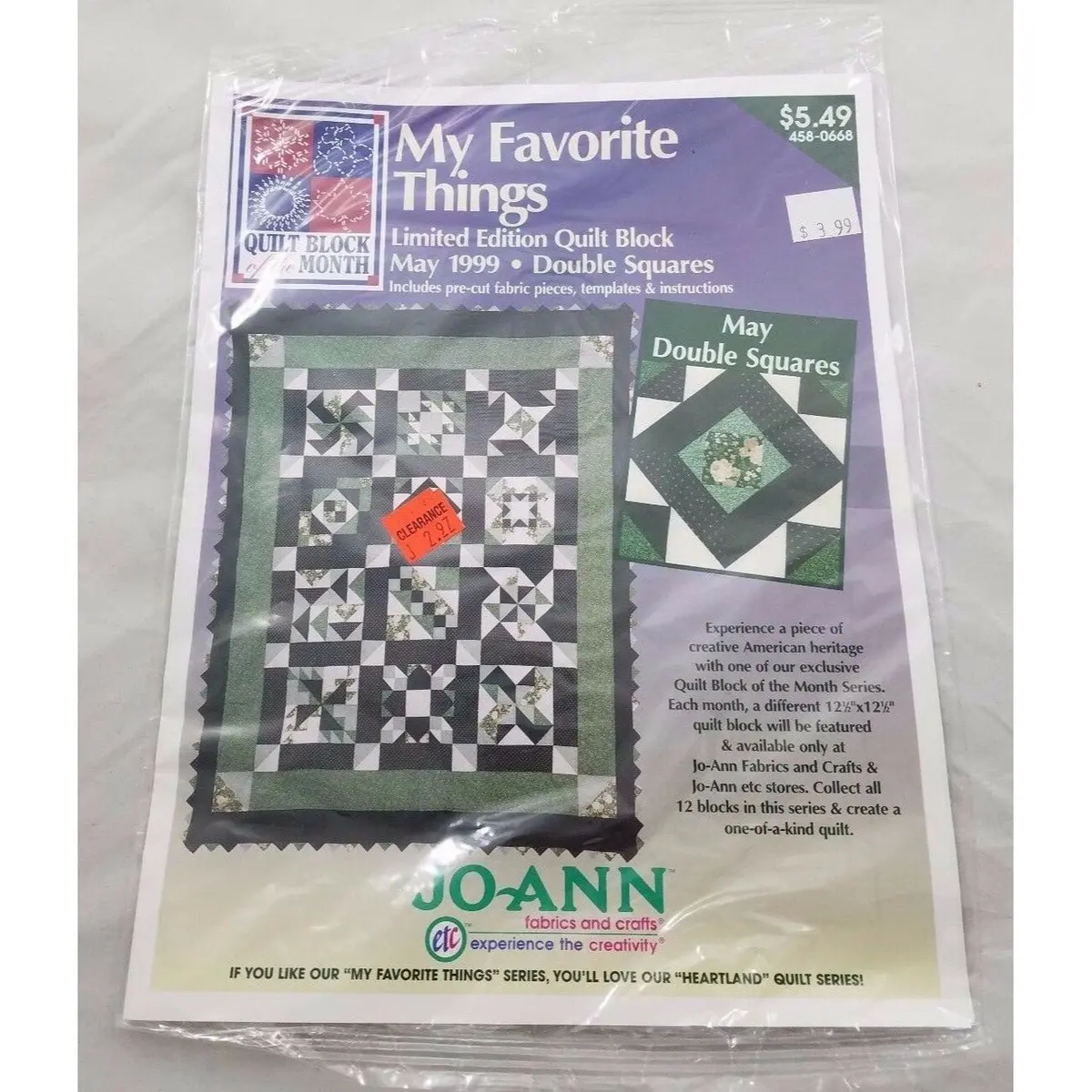 Joann My Favorite Things Quilt Block Of The Month May 1999 Double Squares Kit 1