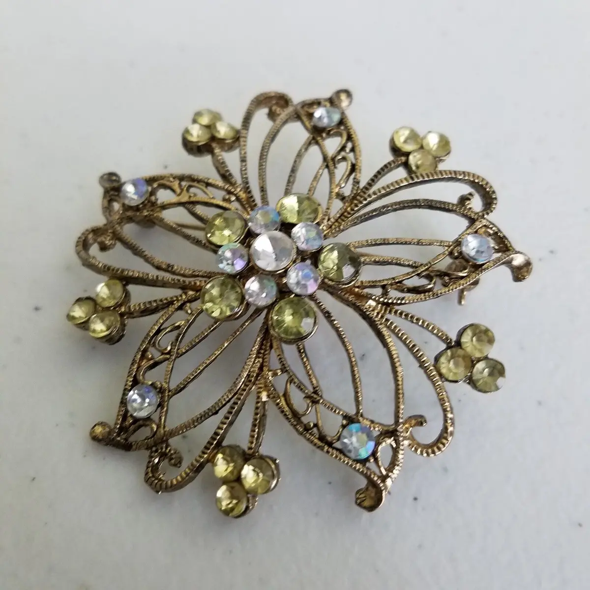 Vintage Floral Hollow Metal Jeweled Rhinestones Brooch Pin 2 Inches 1