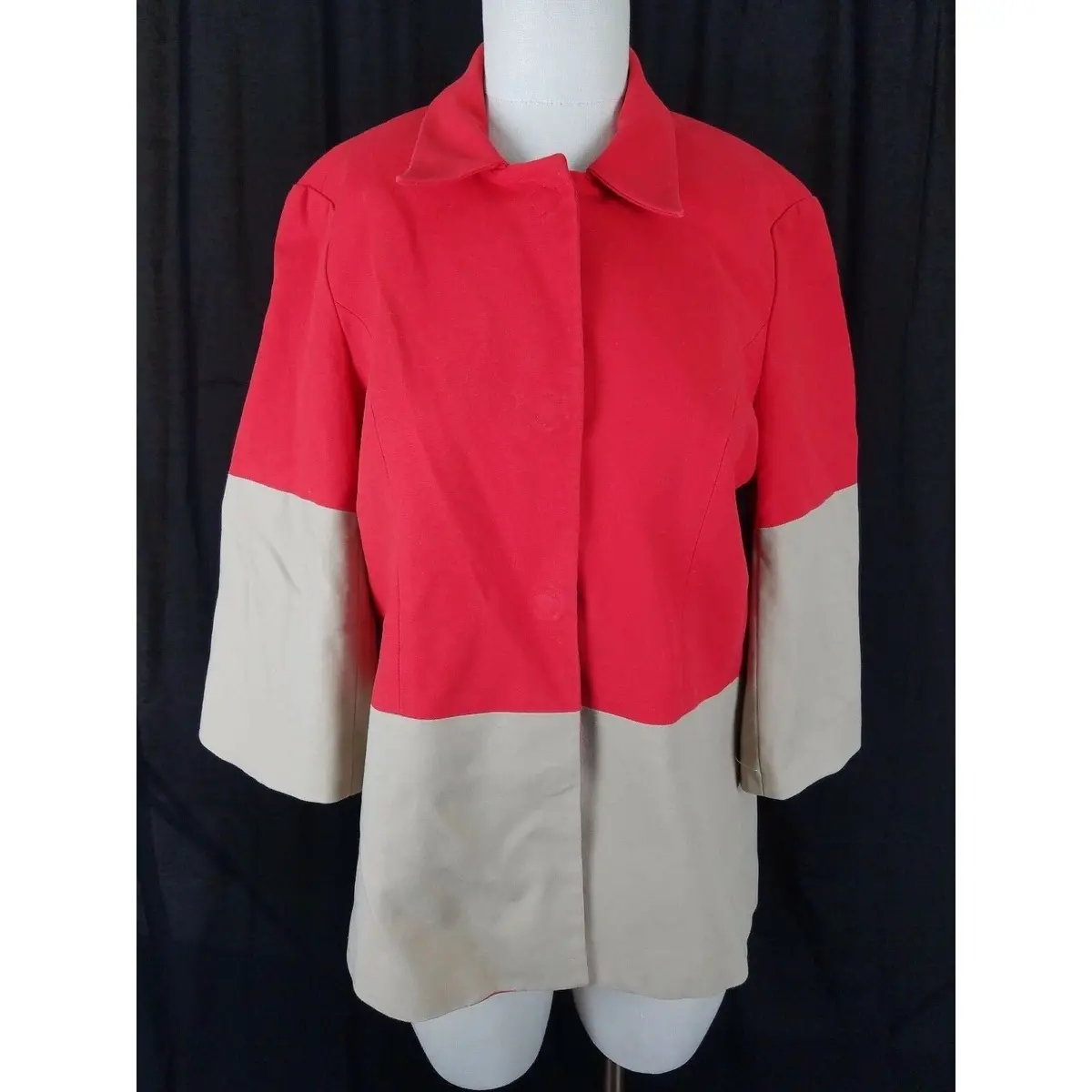 Coldwater Creek Colorblock Snap Placket Front Long Jacket Coat Womens 12 Red Tan 1