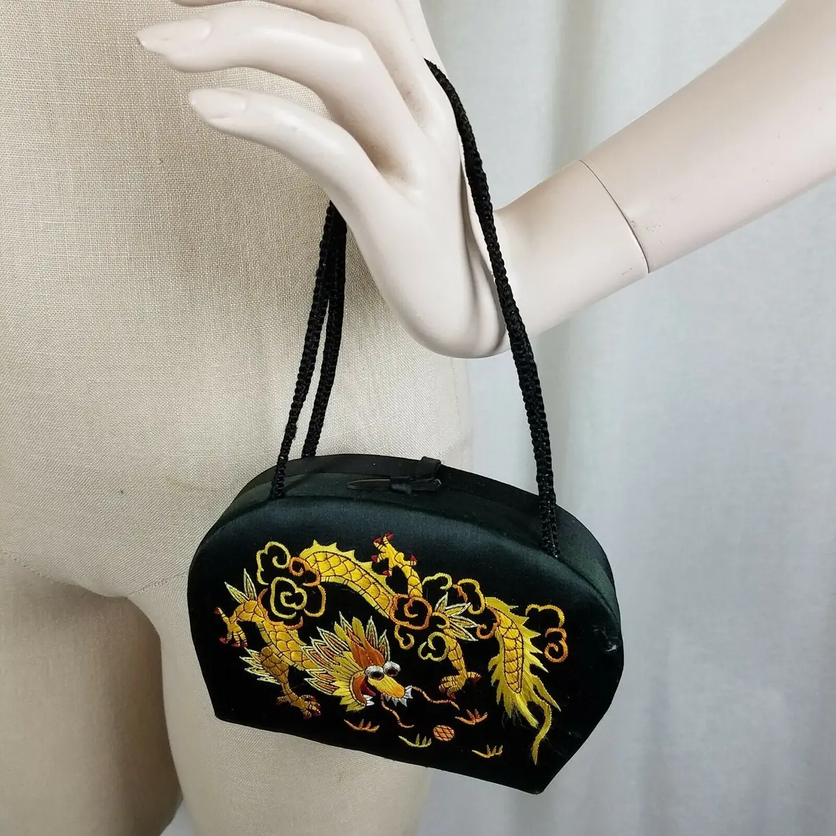 Vintage Embroidered Chinese Dragon Black Silk Handbag Purse Mirror Chinese Japan 1