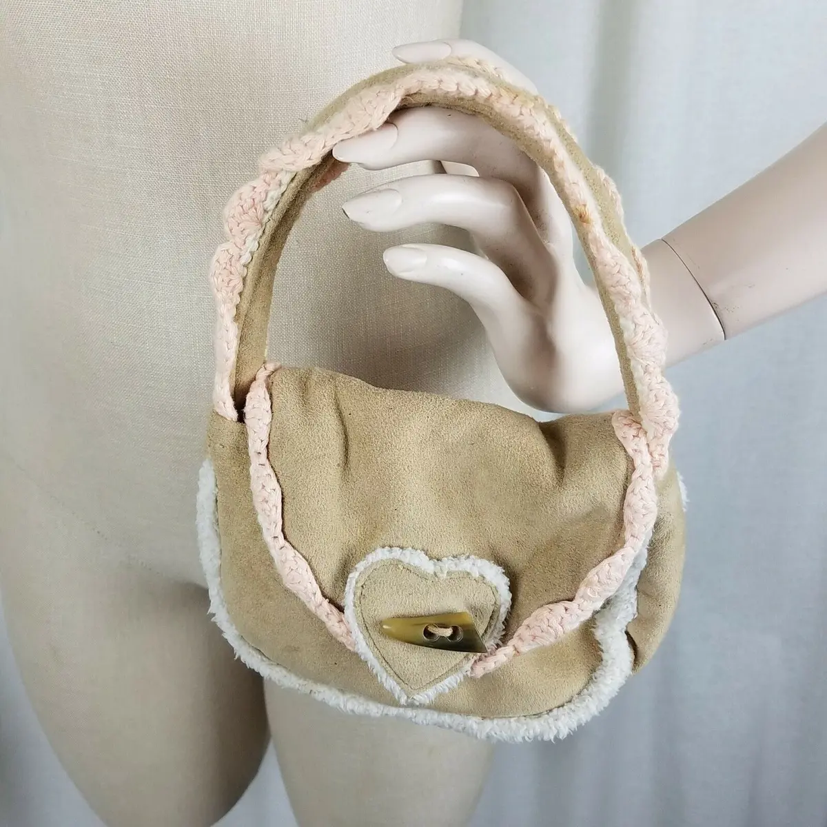 Baby Gap Tan Sherpa Shearling Lined Little Girls Purse Bag Boho Hippie Heart 1