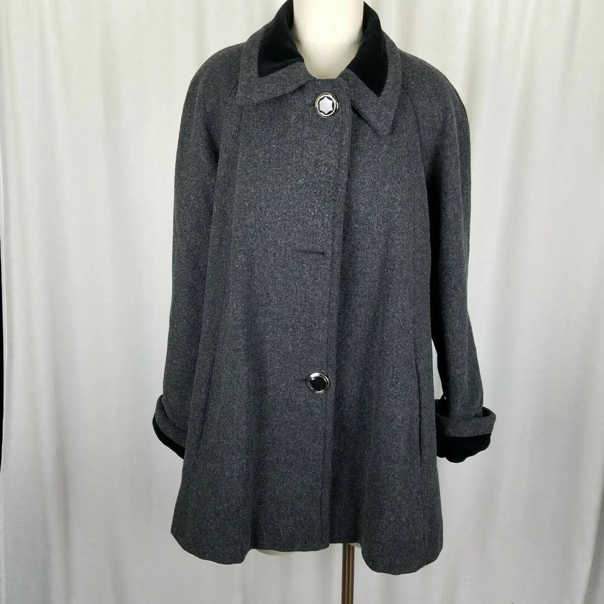 Jofeld De Ball Velvet Trim Short Aline Skater Swing Peacoat Jacket Womens L Gray 1