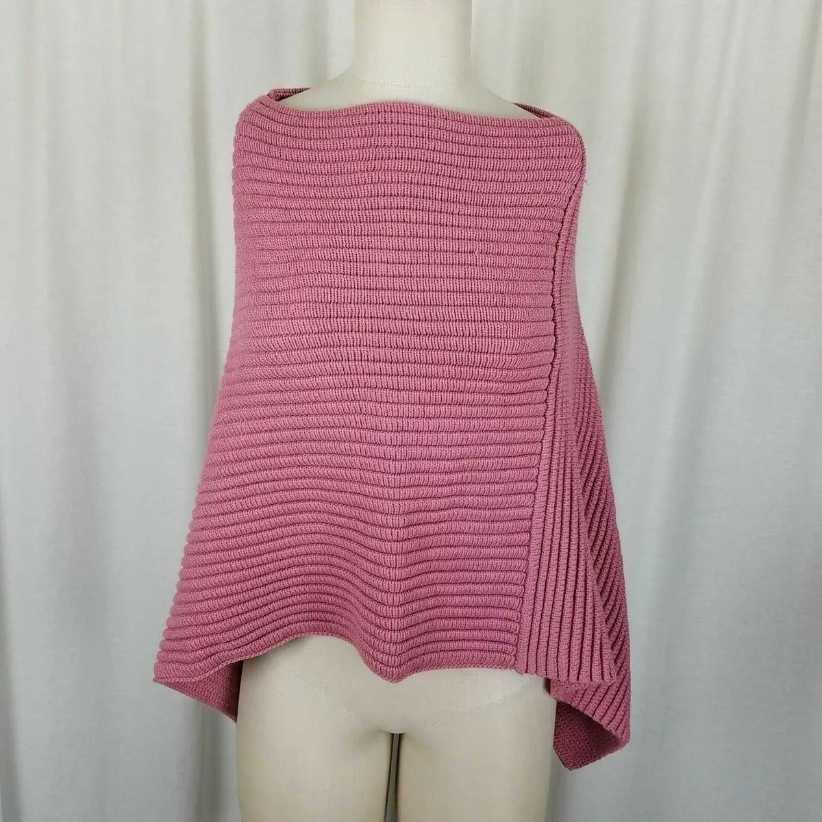 Space Age Ribbed Cable Knit Sweater Cape Poncho Womens S Rose Pink Asymmetrical 1