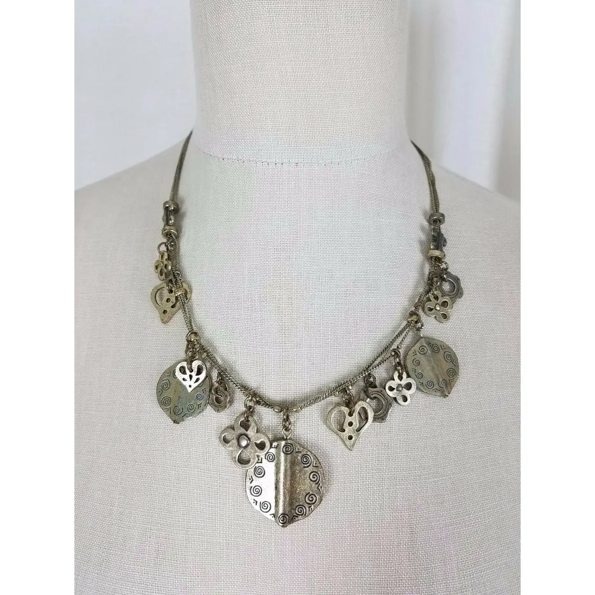 Mixed Metal Statement Dangle Charm Bib Beaded Necklace Contemporary Jewelry 1