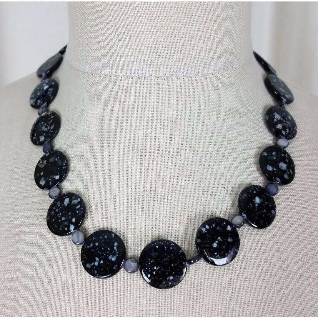 Speckled Black Glass Flat Circles Beads Beaded Necklace Contemporary Statement 1