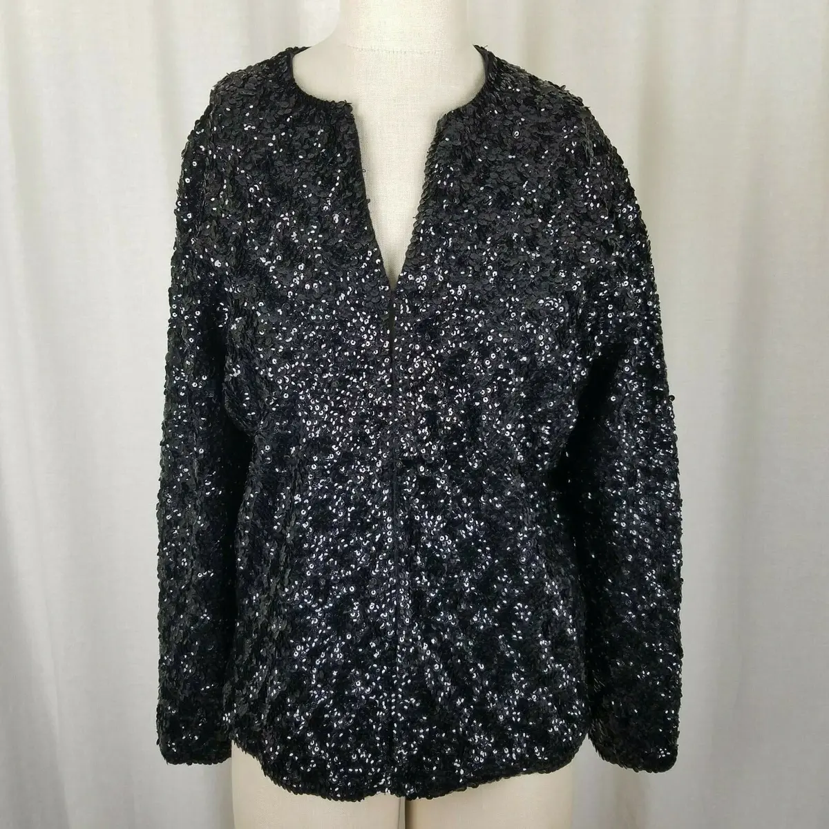 Vintage European Heavily Beaded Black Satin Cocktail Blazer Jacket Womens 40 1