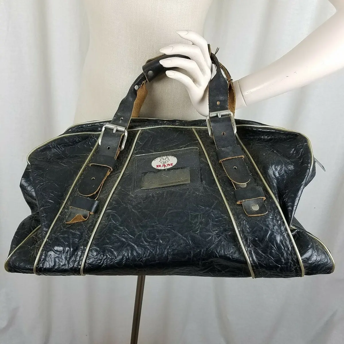 Vintage Ram Golf Bag Black Leather Distressed Doctor Style Duffel Duffle Sports 1