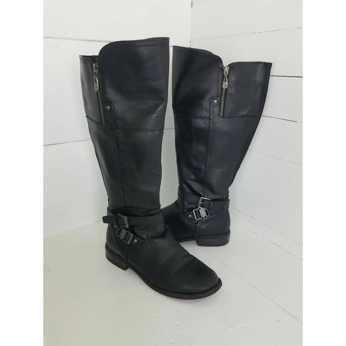 G By Guess Black Leather Boots Womens 7 Tall Knee High Zip Up Buckles Riding 1